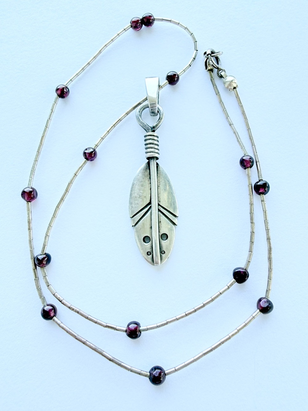 R Taylor Sterling Silver Feather Pendant Liquid Sterling Amethyst Chain Necklace